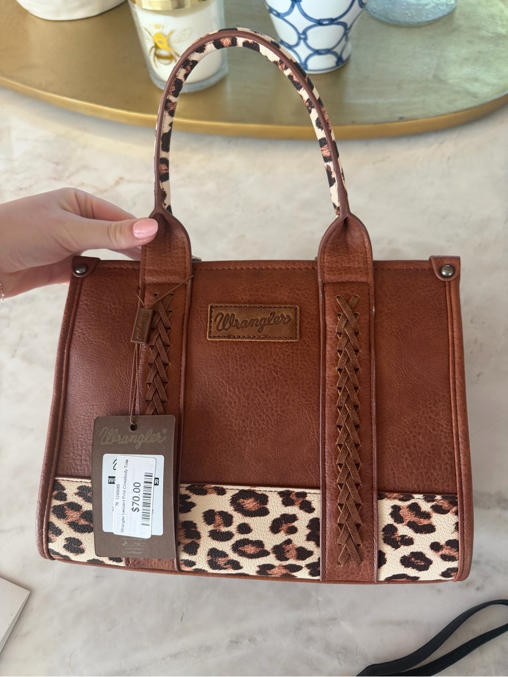 Wrangler Brown Tote with Leopard Accent and Braided Straps